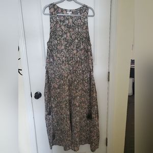J. Jill Green Floral Print V-Neck Mid Length Dress with Side Tie Tassels XL